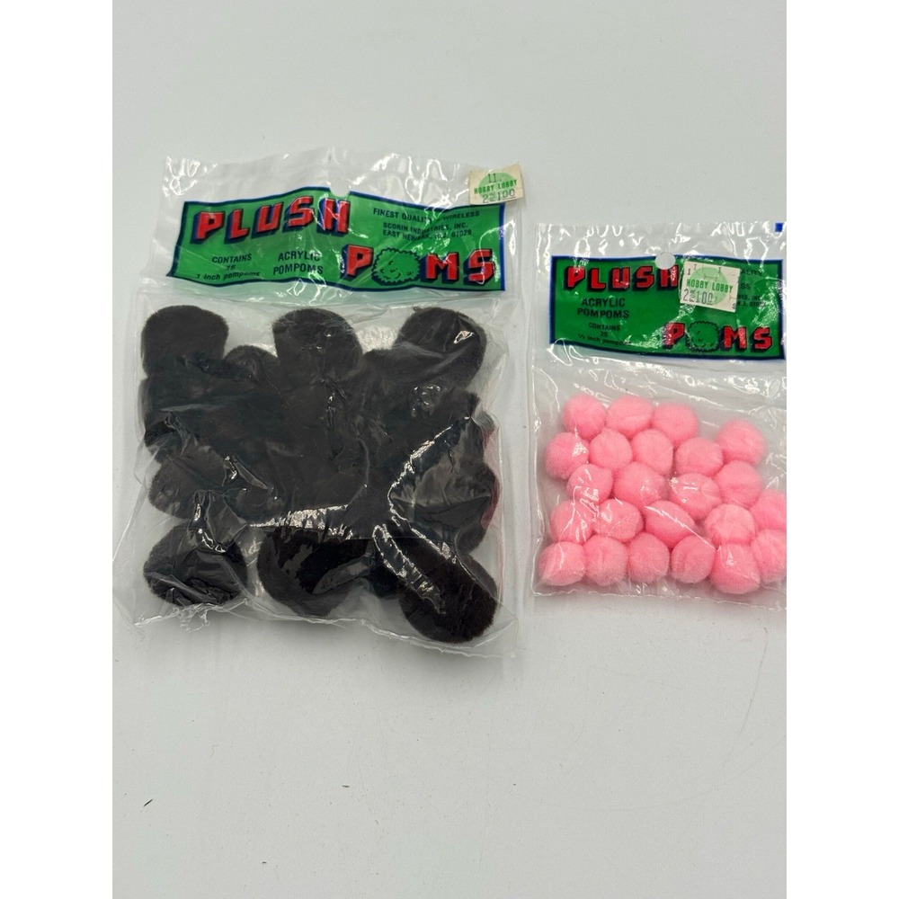 Vintage Plush Acrylic Pom Poms Assorted Pack Lot 38: 16 Black 1" + 22 Pink 1/2"